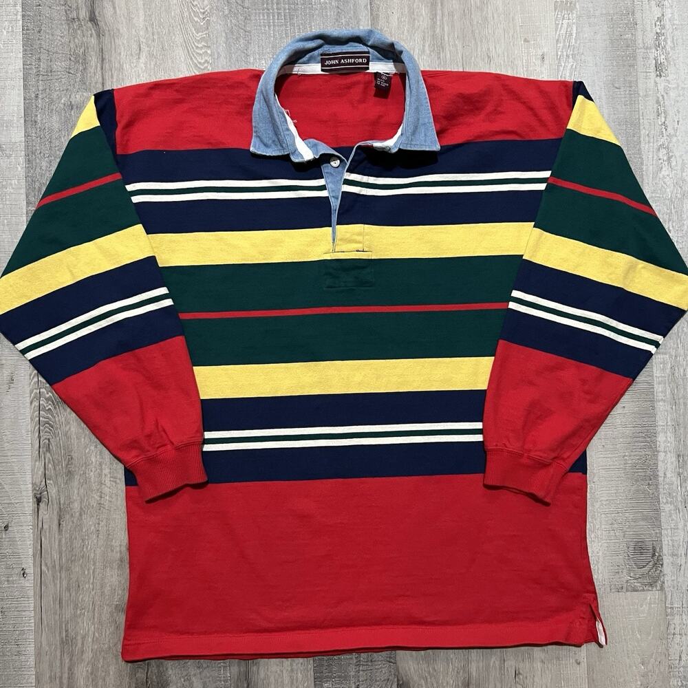 Vintage John Ashford Rugby Shirt Mens XL Striped Long Sleeve Denim Collar Y2K